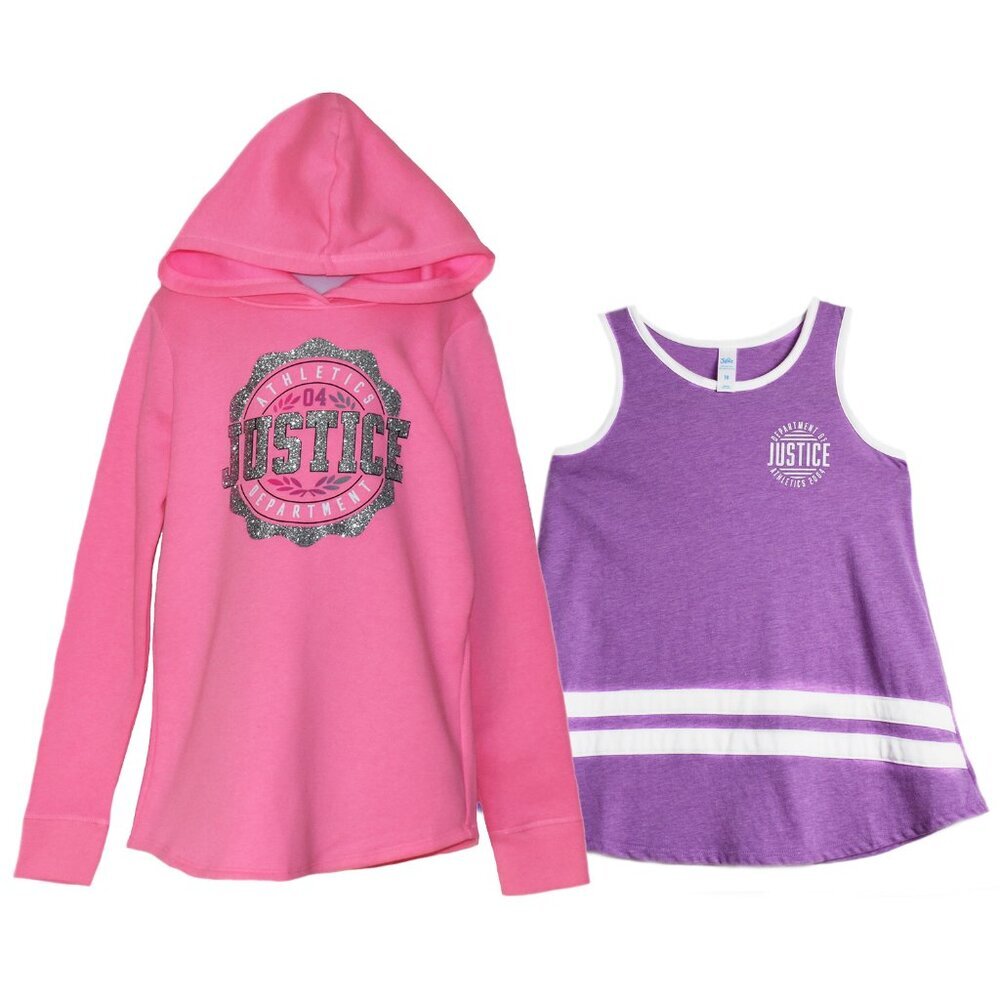 Justice Girls Athletics 2-Pc Set Pink Hoodie Sweatshirt Silver Logo Purple Tank